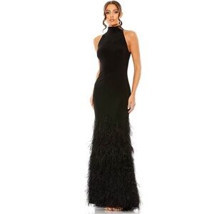 Mac Duggal Elegant Black Feathered Evening Gown Size 2